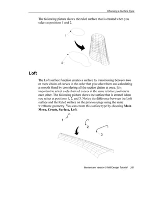 Choosing a Surface Type
Mastercam Version 9 Mill/Design Tutorial 261
The following picture shows the ruled surface that is created when you
select at positions 1 and 2.
1
2
Loft
The Loft surface function creates a surface by transitioning between two
or more chains of curves in the order that you select them and calculating
a smooth blend by considering all the section chains at once. It is
important to select each chain of curves at the same relative position to
each other. The following picture shows the surface that is created when
you select at positions 1, 2, and 3. Notice the difference between the Loft
surface and the Ruled surface on the previous page using the same
wireframe geometry. You can create this surface type by choosing Main
Menu, Create, Surface, Loft.
1
2
3
 