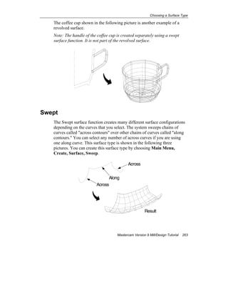 Choosing a Surface Type
Mastercam Version 9 Mill/Design Tutorial 263
The coffee cup shown in the following picture is another example of a
revolved surface.
Note: The handle of the coffee cup is created separately using a swept
surface function. It is not part of the revolved surface.
Swept
The Swept surface function creates many different surface configurations
depending on the curves that you select. The system sweeps chains of
curves called "across contours" over other chains of curves called "along
contours." You can select any number of across curves if you are using
one along curve. This surface type is shown in the following three
pictures. You can create this surface type by choosing Main Menu,
Create, Surface, Sweep.
Across
Along
Across
Result
 