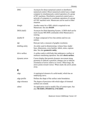 Glossary
Mastercam Version 9 Mill/Design Tutorial 421
DNC Acronym for direct numerical control or distributive
numerical control. Direct numerical control uses a single
computer to simultaneously control operation of a group
of NC machines. Distributive numerical control uses a
network of computers to coordinate operation of a group
of CNC machine tools. Mastercam can be used in either
situation.
dongle Another name for a SIM, which is required to run
Mastercam. See also HASP.
DOS (shell) Acronym for Disk Operating System. A DOS shell can be
used execute MS-DOS commands while Mastercam is
running.
double D A shape composed of two line entities and two arc
entities.
dpi Dots per inch, a measure of graphic resolution.
drafting entity An entity used in dimensioning: witness lines, leader
lines, dimensions, cross hatches, labels, notes, copious
data. See also geometric entity.
drive surface A surface and/or solid body that undergoes a surface or
multiaxis machining operation. See also check surface.
dynamic arrow Cursor display that permits dynamic movement along
geometry to indicate a position; changes size to indicate
orientation of arrow relative to viewer. When large, the
arrow points toward viewer. When small, the arrow points
away.
E
edge A topological element of a solid model, which has an
underlying curve.
edge profile Defines the shape of the surface outer boundaries.
edge tolerance The degree of precision with which edges of trimmed
surfaces are created.
editor An application used to modify files of certain types. See
also MCEDIT, PFEDIT32, CNCEDIT.
 