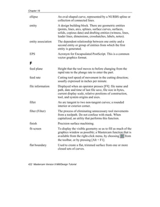 Chapter 18
422 Mastercam Version 9 Mill/Design Tutorial
ellipse An oval-shaped curve, represented by a NURBS spline or
collection of connected lines.
entity A design building block. There are geometric entities
(points, lines, arcs, splines, surface curves, surfaces,
solids, copious data) and drafting entities (witness, lines,
leader lines, dimensions, crosshatches, labels, notes).
entity association The dependent relationship between one entity and a
second entity or group of entities from which the first
entity is generated.
EPS Acronym for Encapsulated PostScript. This is a common
vector graphics format.
F
feed plane Height that the tool moves to before changing from the
rapid rate to the plunge rate to enter the part.
feed rate Cutting tool speed of movement in the cutting direction;
usually expressed in inches per minute.
file information Displayed when an operator presses [F9]: file name and
path, date and time of last file save, file size in bytes,
current display scale, relative positions of construction,
tool, and system origins and axes.
fillet An arc tangent to two non-tangent curves; a rounded
interior or exterior corner.
filter (Filter) The process of eliminating unnecessary tool movements
from a toolpath. Do not confuse with mask. When
capitalized, an utility that performs this function.
finish Precision surface machining.
fit screen To display the visible geometry so as to fill as much of the
graphics window as possible; a Mastercam function that is
available from the right-click menu, by choosing from
the toolbar, or by pressing [Alt + F1].
flat boundary Used to create a flat, trimmed surface from one or more
closed sets of curves.
 