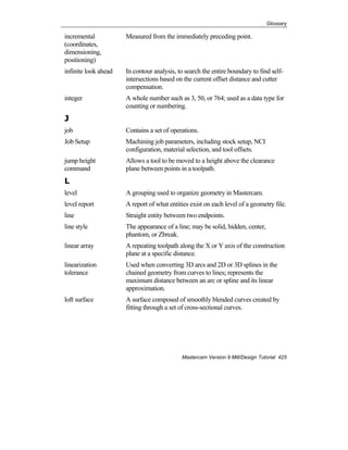 Glossary
Mastercam Version 9 Mill/Design Tutorial 425
incremental
(coordinates,
dimensioning,
positioning)
Measured from the immediately preceding point.
infinite look ahead In contour analysis, to search the entire boundary to find self-
intersections based on the current offset distance and cutter
compensation.
integer A whole number such as 3, 50, or 764; used as a data type for
counting or numbering.
J
job Contains a set of operations.
Job Setup Machining job parameters, including stock setup, NCI
configuration, material selection, and tool offsets.
jump height
command
Allows a tool to be moved to a height above the clearance
plane between points in a toolpath.
L
level A grouping used to organize geometry in Mastercam.
level report A report of what entities exist on each level of a geometry file.
line Straight entity between two endpoints.
line style The appearance of a line; may be solid, hidden, center,
phantom, or Zbreak.
linear array A repeating toolpath along the X or Y axis of the construction
plane at a specific distance.
linearization
tolerance
Used when converting 3D arcs and 2D or 3D splines in the
chained geometry from curves to lines; represents the
maximum distance between an arc or spline and its linear
approximation.
loft surface A surface composed of smoothly blended curves created by
fitting through a set of cross-sectional curves.
 