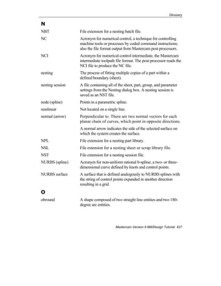 Glossary
Mastercam Version 9 Mill/Design Tutorial 427
N
NBT File extension for a nesting batch file.
NC Acronym for numerical control, a technique for controlling
machine tools or processes by coded command instructions;
also the file format output from Mastercam post processors.
NCI Acronym for numerical control intermediate, the Mastercam
intermediate toolpath file format. The post processor reads the
NCI file to produce the NC file.
nesting The process of fitting multiple copies of a part within a
defined boundary (sheet).
nesting session A file containing all of the sheet, part, group, and parameter
settings from the Nesting dialog box. A nesting session is
saved as an NST file.
node (spline) Points in a parametric spline.
nonlinear Not located on a single line.
normal (arrow) Perpendicular to. There are two normal vectors for each
planar chain of curves, which point in opposite directions.
A normal arrow indicates the side of the selected surface on
which the system creates the surface.
NPL File extension for a nesting part library.
NSL File extension for a nesting sheet or scrap library file.
NST File extension for a nesting session file.
NURBS (spline) Acronym for non-uniform rational b-spline; a two- or three-
dimensional curve defined by knots and control points.
NURBS surface A surface that is defined analogously to NURBS splines with
the string of control points expanded in another direction
resulting in a grid.
O
obround A shape composed of two straight line entities and two 180-
degree arc entities.
 