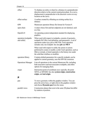 Chapter 18
428 Mastercam Version 9 Mill/Design Tutorial
offset To displace an entity or chain by a distance in a perpendicular
direction relative to the current construction plane. In a curve,
displacement is perpendicular to the direction vector at every
location on the curve.
offset surface A surface created by offsetting an existing surface by a
distance.
OP9 Mastercam operation library file format for Version 9.
open chain A chain whose first and last endpoints are not identical, such
as a line.
OpenGL® An operating system-independent standard for displaying
graphics.
operation (toolpaths
and solids)
When used with respect to toolpaths, consists of geometry,
toolpath (NCI file), tool definition, and parameters. A set of
operations makes up a job or MC9 file. Each operation
includes only one toolpath. See also job and MC9.
When used with respect to solids, the action or actions
performed to create or modify a solid. Each operation, such as
fillet or extrude, is listed separately in the history tree under
the solid that it defines or modifies.
operation library Contains default parameters for a specific toolpath; can be
applied to current geometry; uses the OP9 file extension.
Operations Manager Lists all operations in the current Mastercam file, including
both associative and non-associative toolpaths, and offers
options for managing them.
origin Intersection point of coordinate axes: typically, the point
X0Y0, or X0Y0Z0. See also system origin, construction
origin, and tool origin.
P
pan To move geometry within the graphics window. You can
press the arrow keys, or right-click in the graphics window
and choose Dynamic pan from the menu.
parallel views Construction planes that exist in the same 2D plane but differ
by rotation or position.
 