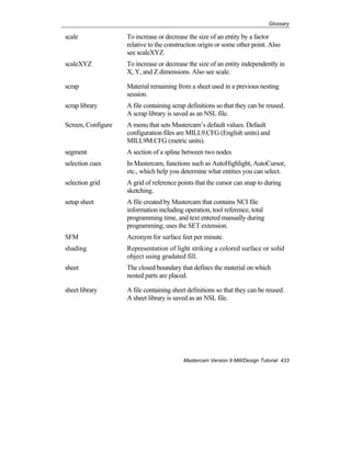 Glossary
Mastercam Version 9 Mill/Design Tutorial 433
scale To increase or decrease the size of an entity by a factor
relative to the construction origin or some other point. Also
see scaleXYZ.
scaleXYZ To increase or decrease the size of an entity independently in
X, Y, and Z dimensions. Also see scale.
scrap Material remaining from a sheet used in a previous nesting
session.
scrap library A file containing scrap definitions so that they can be reused.
A scrap library is saved as an NSL file.
Screen, Configure A menu that sets Mastercam’s default values. Default
configuration files are MILL9.CFG (English units) and
MILL9M.CFG (metric units).
segment A section of a spline between two nodes
selection cues In Mastercam, functions such as AutoHighlight, AutoCursor,
etc., which help you determine what entities you can select.
selection grid A grid of reference points that the cursor can snap to during
sketching.
setup sheet A file created by Mastercam that contains NCI file
information including operation, tool reference, total
programming time, and text entered manually during
programming; uses the SET extension.
SFM Acronym for surface feet per minute.
shading Representation of light striking a colored surface or solid
object using gradated fill.
sheet The closed boundary that defines the material on which
nested parts are placed.
sheet library A file containing sheet definitions so that they can be reused.
A sheet library is saved as an NSL file.
 