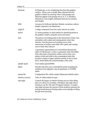 Chapter 18
434 Mastercam Version 9 Mill/Design Tutorial
shortcuts In Mastercam, a way of gathering data from the graphics
window. Allows you to modify data collected from the
graphics window by entering values in the prompt area.
Shortcuts appear in the prompt area as X, Y, Z, R(adius),
D(iameter), L(ine length), S(distance between two points),
and A(ngle).
SIM Acronym for Software Interface Module; sometimes called a
dongle; required to run Mastercam.
single D A shape composed of one line entity and one arc entity.
sketch To create geometry or select entities by identifying points in
the graphics window using the cursor and mouse.
slice The process of creating points at the intersection of lines, arcs,
and splines with a plane and creating points where they
intersect. Also the process of creating curves at the
intersection of surfaces and solids with a plane and creating
curves where they intersect.
solid A geometric representation of a closed three-dimensional
object. In Mastercam, a solid is a geometric entity that differs
from other types of geometric entities such as lines, arcs,
splines in that each solid is also a topological entity that
occupies a region of space and that consists of one or more
faces, which define the closed boundary of the solid.
spindle speed Tool rotation speed (RPM)
spline Smooth, free-form curve controlled by points including the
condition of its endpoints; may be parametric or NURBS
spline.
startup file Configuration file, which contains Mastercam default values.
statistics (screen) Tally of visible entities by type.
step angle Controls the degree of rotation Nesting can use when fitting
parts on a sheet. For example, a 90 degree step angle allows
Nesting to use 90, 180, and 270 degree rotations. A smaller
step angle increases the amount of time needed to generate the
nesting results because Nesting makes more attempts at fitting
the part more precisely.
 