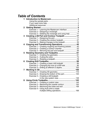 Mastercam Version 9 Mill/Design Tutorial i
Table of Contents
1 Introduction to Mastercam................................................ 1
Using the sample parts........................................................... 1
If you need more help............................................................. 2
Additional resources ............................................................... 4
2 Getting Started................................................................... 5
Exercise 1 – Learning the Mastercam interface ..................... 5
Exercise 2 – Designing a rectangle ........................................ 8
Exercise 3 – Deleting the rectangle and using help ............. 11
3 Creating a 2D Part and Contour Toolpath ..................... 17
Exercise 1 – Designing the part............................................ 17
Exercise 2 – Creating the contour toolpath........................... 27
Exercise 3 – Making changes to the toolpath....................... 35
4 Copying and Transforming Operations ......................... 45
Exercise 1 – Creating roughing and finishing passes........... 45
Exercise 2 – Creating a contour chamfer ............................. 52
Exercise 3 – Mirroring the part and toolpath......................... 56
5 Rotating Geometry and Toolpaths ................................. 61
Exercise 1 – Creating the geometry ..................................... 61
Exercise 2 – Cutting the slots ............................................... 73
Exercise 3 – Rotating a toolpath........................................... 78
6 Creating Drill Toolpaths .................................................. 89
Exercise 1 – Creating a basic drill toolpath .......................... 89
Exercise 2 – Changing the size of a drill hole....................... 96
Exercise 3 – Drilling at different Z depths........................... 100
7 Working in 3D................................................................. 109
Exercise 1 – Creating 3D geometry.................................... 110
Exercise 2 – Drawing the bottom of the part....................... 125
Exercise 3 – Creating a drill toolpath
in the new system view .................................. 138
8 Using Circle Toolpaths.................................................. 143
Exercise 1 – Creating a custom view.................................. 144
Exercise 2 – Machining the outside contour....................... 150
Exercise 3 – Machining the holes and slot ......................... 158
Exercise 4 – Using Auto drill to create
multiple drilling operations ............................. 168
 