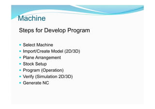Machine
Steps for Develop Program
 Select Machine
 Import/Create Model (2D/3D)
 Plane Arrangement
 Stock Setup
 Program (Operation)
 Verify (Simulation 2D/3D)
 Generate NC
 