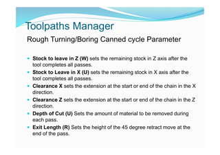 Toolpaths Manager
Rough Turning/Boring Canned cycle Parameter
 Stock to leave in Z (W) sets the remaining stock in Z axis after the
tool completes all passes.
 Stock to Leave in X (U) sets the remaining stock in X axis after the
tool completes all passes.
 Clearance X sets the extension at the start or end of the chain in the X
direction.
 Clearance Z sets the extension at the start or end of the chain in the Z
direction.
 Depth of Cut (U) Sets the amount of material to be removed during
each pass.
 Exit Length (R) Sets the height of the 45 degree retract move at the
end of the pass.
 