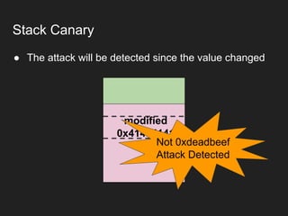 ● The attack will be detected since the value changed
Stack Canary
modified
0x41414141
Not 0xdeadbeef
Attack Detected
 