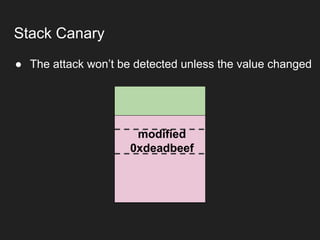 ● The attack won’t be detected unless the value changed
Stack Canary
modified
0xdeadbeef
 
