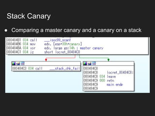 Stack Canary
● Comparing a master canary and a canary on a stack
 