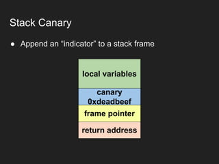 ● Append an “indicator” to a stack frame
Stack Canary
return address
frame pointer
canary
0xdeadbeef
local variables
 
