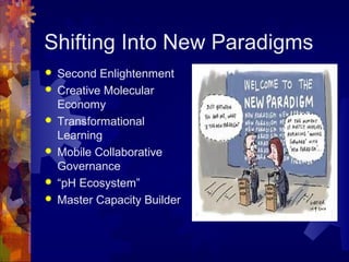 Shifting Into New Paradigms
 Second Enlightenment
 Creative Molecular
Economy
 Transformational
Learning
 Mobile Collaborative
Governance
 “pH Ecosystem”
 Master Capacity Builder
 