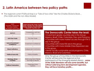 2. Latin America between two policy paths 
 The regional current Political Map is a “Tale of two cities” like the Charles Dickens Book… 
(The ALBA and the non Alba Model) 
ALBA 
(Leaders: Venezuela, 
Ecuador, Bolivia, 
Nicaragua and Cuba) 
Anti-U.S 
Anti-Free Trade 
Lack of investment 
Confidence 
Weak institutions 
Political Insecurity 
Ideology driven 
countries 
Political Polarization 
Modern Democratic Center Countries 
(Brazil, Colombia, Peru, Chile, México, 
Uruguay, Paraguay, Panamá, Republic 
Dominican, Costa Rica, etc) 
Cooperation with the 
U.S 
Pro Free Trade 
Investment Confidence 
Independent Institutions 
Political Stability 
State Long Term Policies 
and Mgt by Results 
Organized Party 
Systems 
The Democratic Center takes the lead: 
• Investment grade countries are in this Group: 
Mexico, Brazil, Chile, Colombia, Peru and Panama. 
• Countries with more market access through FTA’S 
are in this group 
• Countries with more FDI are in this group 
• Countries with more Middle Class Expansion are 
in this group. 
• Better fiscally sustainable social programs: Chile, 
Mexico, Brasil and Colombia. 
Only the group of Countries in the Democratic 
Center will become the regional active 
participants of the Emerging Markets Boom…some 
of the ALBA Members will see some benefits, but 
without solid long term development agendas, 
they will face transitory profits… 
 