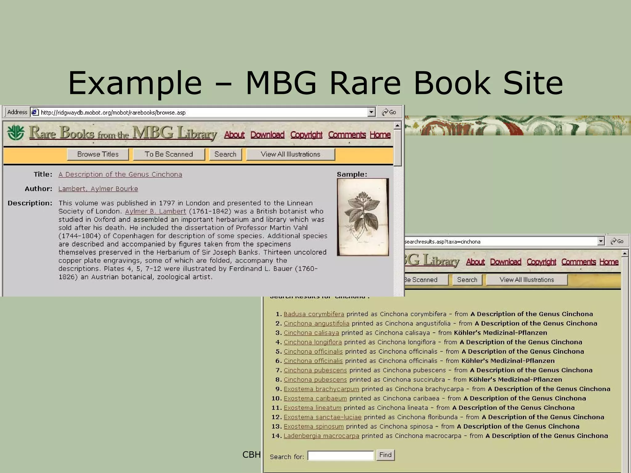 Example – MBG Rare Book Site




         CBHL 2002: A Digitization Primer
 