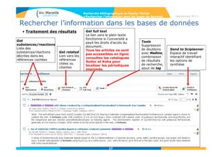 27
Septembre 2014
27
Rechercher l’information dans les bases de données
• Save : la fonction de sauvegarde
On peut sauvegarder un lot de références avec « Save », ou pour sauvegarder des
lots de substances et de réactions.
Lors de la connexion suivante, cliquez sur « Saved searches » > « Answer sets » pour
réactiver le lot de références.
Des ensembles de résultats (réaction+ substance) peuvent être combinés.
Recherche bibliographique en Master Chimie
>Rechercher l’information dans les bases de données
 
