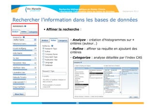 2828
Rechercher l’information dans les bases de données
La section du plan de classement
de la version papier Chemical
Abstract
Identification de la notice
biblio dans CAplus
Identification du
document dont est
issu l’article
• Détail d’une référence
Recherche bibliographique en Master Chimie
>Rechercher l’information dans les bases de données
Références de l’article
Septembre 2014
 