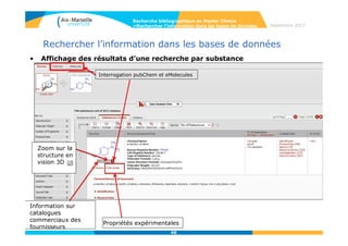4646
Rechercher l’information dans les bases de données
• Recherche par références dans l’onglet Literature, par
auteur/mots-clés :
Vous pouvez utiliser les opérateurs booléens AND et NOT, ainsi que les
troncatures * (pour remplacer plusieurs caractères) ou ? (un seul
caractère). Pensez aux différentes façons d’écrire un nom d’auteur.
Recherche bibliographique en Master Chimie
>Rechercher l’information dans les bases de données Septembre 2014
 