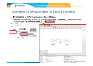 4747
Rechercher l’information dans les bases de données
• Recherche par auteur/mots-clés : création d’alertes (en créant un
compte utilisateur via l’onglet Register ) et export de références
vers des logiciels de gestion de références (Output).
Recherche bibliographique en Master Chimie
>Rechercher l’information dans les bases de données Septembre 2014
 