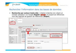 49
Septembre 2014
49
• Comparaison Scifinder / Reaxys : les deux bases sont
complémentaires !
SCIFINDER REAXYS
Points +
- Mise à jour quotidienne
- Plus performant pour
recherche par auteurs, mots-
clefs que Reaxys
- Couverture plus large que
Reaxys (littérature récente,
brevets)
- Editeur de structure intégré
(donc mises à jour du plugin
JAVA non nécessaire)
- Outil plus performant pour la
recherche d'équations
chimiques
- Base de données factuelles
majeure en chimie organique,
minérale et organométallique
- Pas besoin de se créer un
compte utilisateur pour la 1ère
utilisation.
Points -
- Moins performant pour la
recherche d’équations chimiques
- Mise à jour moins fréquente
(2x / semaine pour les brevets
et 1x / mois pour les autres
sources
COUPERIN- Réseau de négociation et d’expertise des ressources documentaires électroniques :
Groupe de veille thématique-Reaxys: http://www.couperin.org/dossier-de-veille-thematiques/bilans-dactivites-couperin/144-bilans-dactivites-couperin/785-reaxys
Groupe de veille thématique-SciFinder: http://www.couperin.org/dossier-de-veille-thematiques/bilans-dactivites-couperin/144-bilans-dactivites-couperin/820-
scifinder
Recherche bibliographique en Master Chimie
>Rechercher l’information dans les bases de données
 