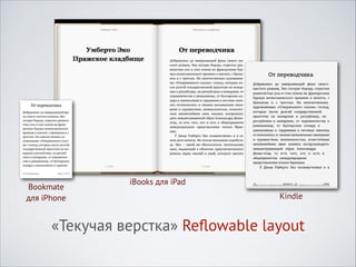 Bookmate
для iPhone

iBooks для iPad
Kindle

«Текучая верстка» Reﬂowable layout

 