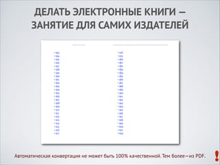 ДЕЛАТЬ ЭЛЕКТРОННЫЕ КНИГИ —  
ЗАНЯТИЕ ДЛЯ САМИХ ИЗДАТЕЛЕЙ

Автоматическая конвертация не может быть 100% качественной. Тем более—из PDF.

!

 