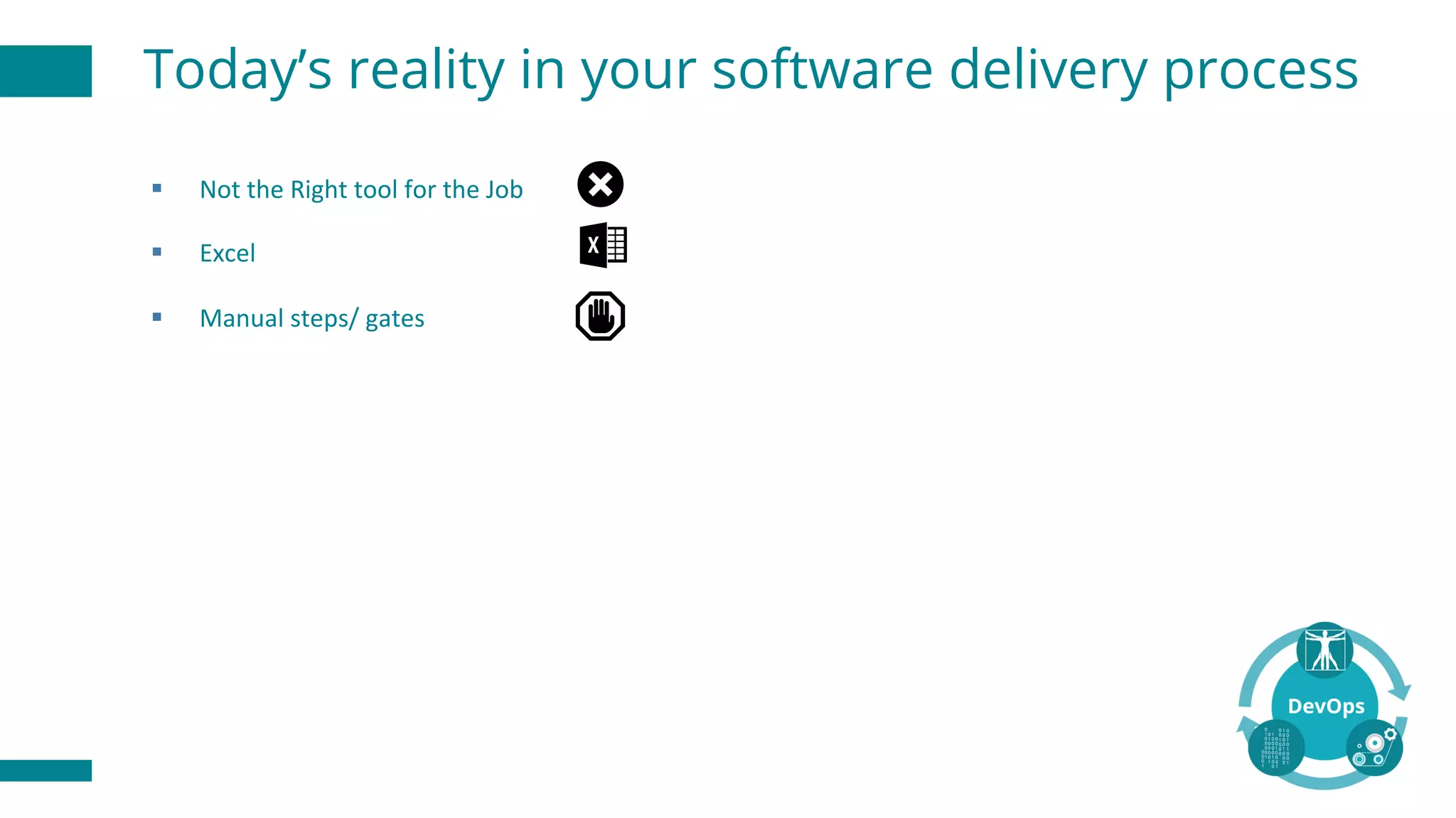 § Not	the	Right	tool	for	the	Job
§ Excel
§ Manual	steps/	gates
Today’s reality in your software delivery process
 
