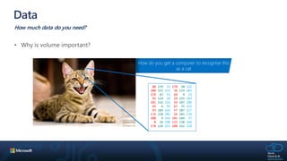 Data
How much data do you need?
88 239 33 178 38 122
208 115 215 36 119 203
229 65 52 64 4 23
92 114 26 29 155 183
101 142 222 54 187 109
45 6 95 67 35 212
93 103 142 57 207 117
174 228 201 24 101 176
100 9 141 241 144 37
8 34 198 125 138 246
178 126 255 108 161 128
How do you get a computer to recognise this
as a cat
 