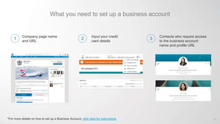 What you need to set up a business account
*For more details on how to set up a Business Account, click here for instructions
Company page name
and URL
Input your credit
card details
Contacts who require access
to the business account:
name and profile URL
29
1 2 3
 