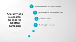 Anatomy of a
successful
Sponsored
Content
campaign
2 Getting access to the business account
1 Prerequisites for a successful campaign
3 Campaign set up
4 Monitoring the campaign
35
 