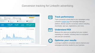 Conversion tracking for LinkedIn advertising
Track performance
Track conversion events tied to your campaigns using
LinkedIn’s Insight Tag and Campaign Manager
platform. Monitor specific conversion actions including
downloads, sign-ups, registrations, and more.
Understand ROI
Measure the value you’re getting from your content
marketing on LinkedIn, including return on ad spend
and cost per conversion.
Optimize your results
Leverage in-platform conversion data to improve your
campaigns and drive results for your business.
45
 