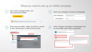 What you need to set up an InMail campaign
Click create campaign button, and
select Sponsored InMail
Name your campaign, and pick your language
Create campaign
Enter name for InMail. Select yourself as a sender
or click “Add Sender” to select someone else.
Enter a Subject, Description and Message Text
for your InMail. Enter T&Cs if applicable.
55
1
3
2
4
 