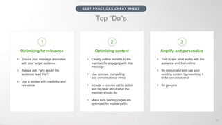 Top “Do”s
BEST PRACTICES CHEAT SHEET
Amplify and personalize
• Test to see what works with the
audience and then refine
• Be resourceful and use your
existing content by reworking it
to be conversational
• Be genuine
Optimizing content
• Clearly outline benefits to the
member for engaging with this
message
• Use concise, compelling
and conversational intros
• Include a concise call to action
and be clear about what the
member should do
• Make sure landing pages are
optimized for mobile traffic
Optimizing for relevance
• Ensure your message resonates
with your target audience
• Always ask, “why would the
audience read this?
• Use a sender with credibility and
relevance
58
1 2 3
 