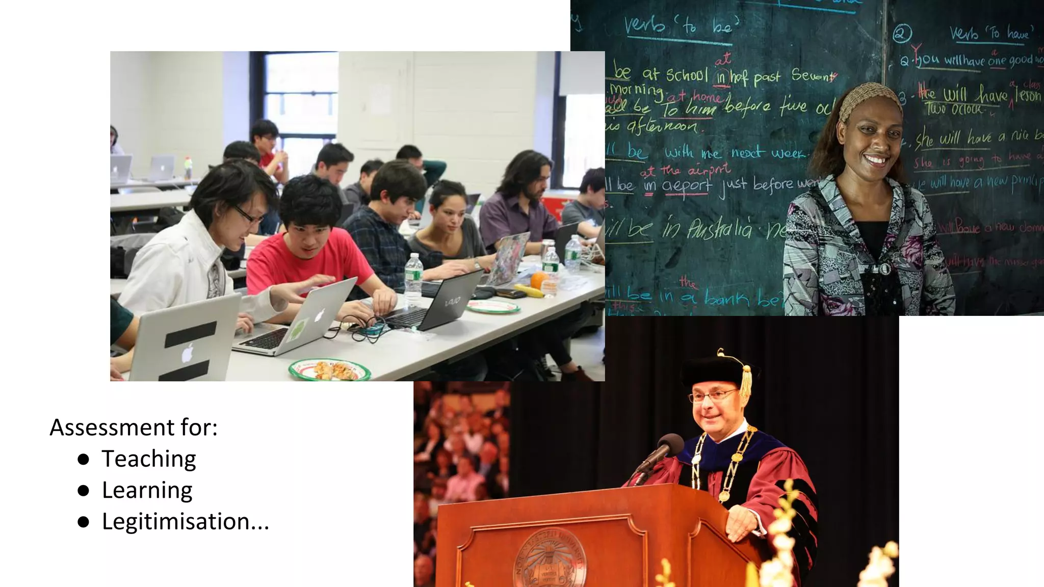 Assessment for:
● Teaching
● Learning
● Legitimisation...
 