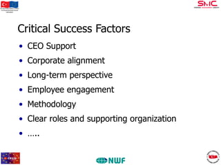 Bu proje Avrupa Birliği ve Türkiye
Cumhuriyeti tarafından finanse
edilmektedir

Critical Success Factors
• CEO Support
• Corporate alignment
• Long-term perspective

• Employee engagement
• Methodology
• Clear roles and supporting organization
• …..

 