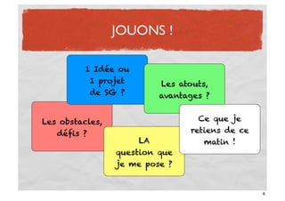JOUONS !

          1 Idée ou
           1 projet       Les atouts,
           de SG ?        avantages ?


Les obstacles,                    Ce que je
   défis ?                      retiens de ce
                      LA           matin !
                 question que
                 je me pose ?


                                                6
 