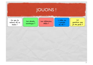 JOUONS !

 Ce que je                                      1 Idée ou       LA
                Les atouts,    Les obstacles,
retiens de ce                                   1 projet    question que
                avantages ?       défis ?
  matin !                                       de SG ?     je me pose ?




                                                                           7
 