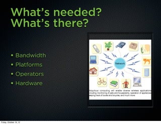 What’s needed?
          What’s there?

          • Bandwidth
          • Platforms
          • Operators
          • Hardware




Friday, October 19, 12
 