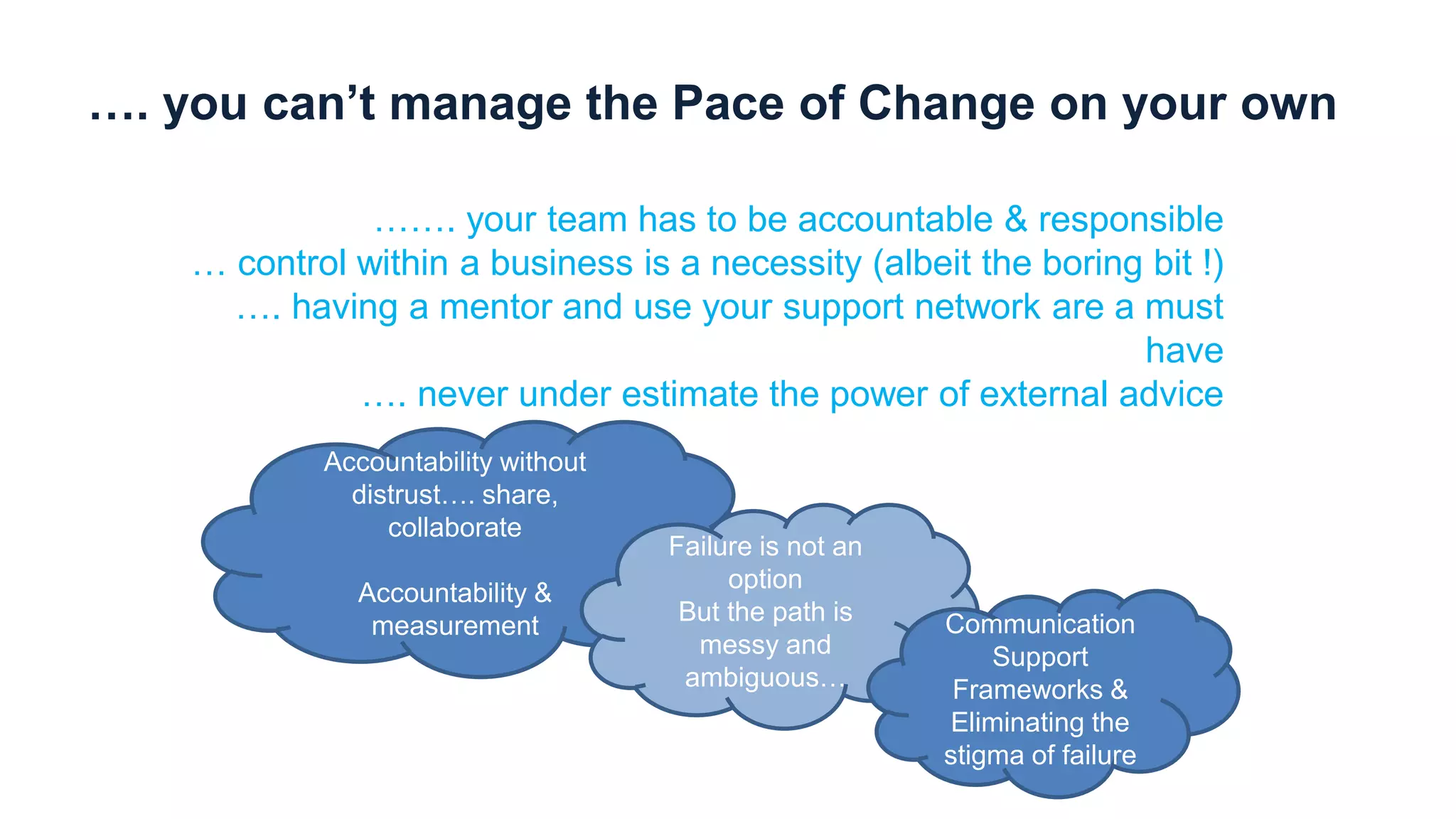 …. you can’t manage the Pace of Change on your own
……. your team has to be accountable & responsible
… control within a business is a necessity (albeit the boring bit !)
…. having a mentor and use your support network are a must
have
…. never under estimate the power of external advice
Accountability without
distrust…. share,
collaborate
Accountability &
measurement
Failure is not an
option
But the path is
messy and
ambiguous…
Communication
Support
Frameworks &
Eliminating the
stigma of failure
 