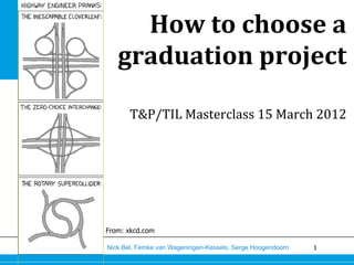 How	
  to	
  choose	
  a	
  
   graduation	
  project	
  
                                                                	
  
                                                                	
  
       T&P/TIL	
  Masterclass	
  15	
  March	
  2012	
  
                                                    	
  




From: xkcd.com

Nick Bel, Femke van Wageningen-Kessels, Serge Hoogendoorn   1
 