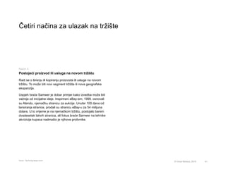 Četiri načina za ulazak na tržište
41© Omar Mohout, 2015
Način 4:
Postojeći proizvod ili usluga na novom tržištu
Radi se o širenju ili kopiranju proizvoda ili usluge na novom
tržištu. To može biti novi segment tržišta ili nova geografska
ekspanzija.
Uspjeh braće Samwer je dobar primjer kako izvedba može biti
važnija od inicijalne ideje. Inspirirani eBay-em, 1999. osnovali
su Alando, njemačku stranicu za aukcije. Unutar 100 dana od
lansiranja stranice, prodali su stranicu eBay-u za 54 milijuna
dolara. U to vrijeme je na njemačkom tržištu, postojalo barem
dvadesetak takvih stranica, ali fokus braće Samwer na tehnike
akvizicije kupaca nadmašio je njihove protivnike.
*Izvor: Techcitynews.com
 