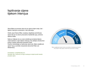 Steve Blank je promotor stava da se cijena izmjeri ranije, čak i
tijekom intervjua s korisnikom u fazi otkrivanja.
Ostali, poput Seana Ellisa, savjetuju odgađanje potvrđivanja
cijene dok se ne ostvari proizvodno-marketinški spoj, odnosno
definira tržište.
Naše je mišljenje da se unutar određenog konteksta klijenta
može ispitivati o cijeni tijekom intervjua, što zahtijeva strukturirani
pristup umjesto ispitivanja konkretnih brojki.
Snažna metodologija za ispitivanje cijene jest „Mjera osjetljivosti
cijene” koju je osmislio nizozemski ekonomist Peter van
Westendorp.
POVEZNICA: LEANPRICING.CO
Saznajte više o načinima na koje bi startupovi trebali koristiti metode
procjene cijene.
Ispitivanje cijene
tijekom intervjua
61© Omar Mohout, 2015
Mjera osjetljivosti cijene može se koristiti za mjerenje percepcije
koju klijenti imaju glede vrijednosti proizvoda ili usluga.
 