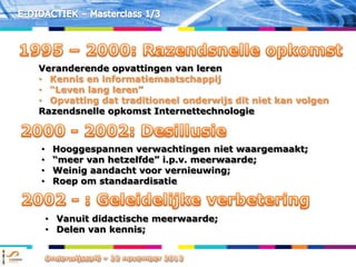 Veranderende opvattingen van leren
• Kennis en informatiemaatschappij
• “Leven lang leren”
• Opvatting dat traditioneel onderwijs dit niet kan volgen
Razendsnelle opkomst Internettechnologie



•    Hooggespannen verwachtingen niet waargemaakt;
•    “meer van hetzelfde” i.p.v. meerwaarde;
•    Weinig aandacht voor vernieuwing;
•    Roep om standaardisatie



    • Vanuit didactische meerwaarde;
    • Delen van kennis;
 