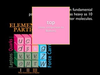 The heaviest known fundamental
particle, the top quark is as heavy as 10
                       water molecules.
             top
       (mass comparison to
             Bottom)




   b
 