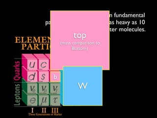 The heaviest known fundamental
particle, the top quark is as heavy as 10
                       water molecules.
             top
       (mass comparison to
             Bottom)




   b
               W
 