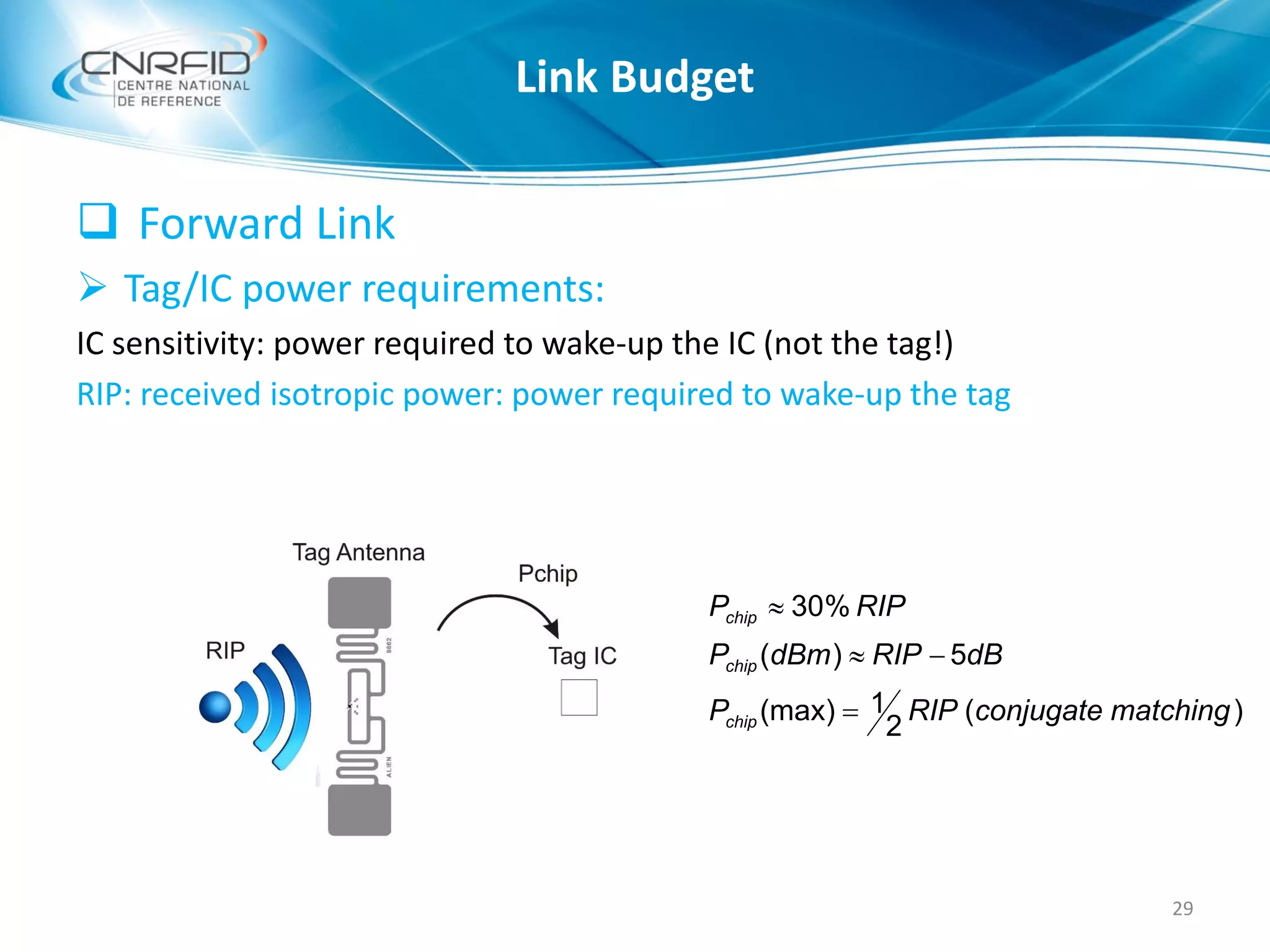  Forward Link
 Tag/IC power requirements:
IC sensitivity: power required to wake-up the IC (not the tag!)
RIP: received isotropic power: power required to wake-up the tag
29
)(
2
1(max)
5)(
%30
matchingconjugateRIPP
dBRIPdBmP
RIPP
chip
chip
chip



Link Budget
 