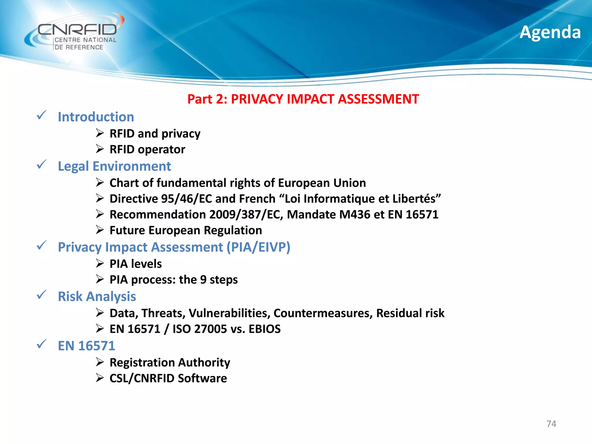 Part 2: PRIVACY IMPACT ASSESSMENT
 Introduction
 RFID and privacy
 RFID operator
 Legal Environment
 Chart of fundamental rights of European Union
 Directive 95/46/EC and French “Loi Informatique et Libertés”
 Recommendation 2009/387/EC, Mandate M436 et EN 16571
 Future European Regulation
 Privacy Impact Assessment (PIA/EIVP)
 PIA levels
 PIA process: the 9 steps
 Risk Analysis
 Data, Threats, Vulnerabilities, Countermeasures, Residual risk
 EN 16571 / ISO 27005 vs. EBIOS
 EN 16571
 Registration Authority
 CSL/CNRFID Software
Agenda
74
 