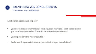 2 IDENTIFIEZ VOS CONCURRENTS
Locaux ou internationaux
Les bonnes questions à se poser
• Quels sont mes concurrents sur ces nouveaux marchés ? Sont-ils les mêmes
que sur d’autres marchés ? Sont-ils locaux ou internationaux?
• Quelle peut être ma valeur ajoutée ?
• Quels sont les prescripteurs qui pourraient relayer ma solution ?
 