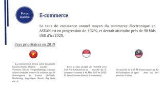 Focus
marché E-commerce
Le taux de croissance annuel moyen du commerce électronique en
ASEAN est en progression de +32%, et devrait atteindre près de 90 Mds
USD d'ici 2025.
La concurrence féroce entre les géants
locaux (Sendo, Shopee, Lazada
Vietnam, Tiki et Thegioididong). Chaque
acteur souhaite trouver la solution qui le
démarquera de l’autre (AdTech,
Marketing, Logistique, Retail, Big Data
etc…).
Pays prioritaires en 2019
Pays le plus peuplé de l’ASEAN avec
268 M d’habitants et un marché du E-
commerce estimé à 46 Mds USD en 2025.
Et deux licornes dans le E-commerce,
Un marché de 24,5 M d’internautes et 12
M d’acheteurs en ligne avec un fort
pouvoir d’achat.
 