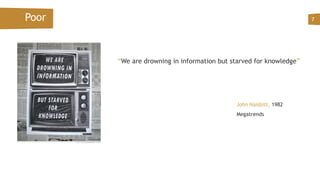 Poor
“We are drowning in information but starved for knowledge”
7
John Naisbitt, 1982
Megatrends
 